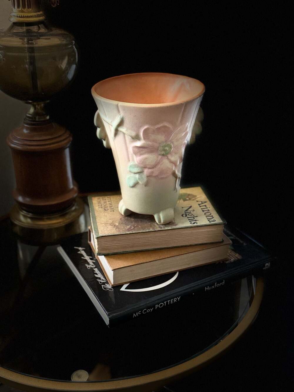 VTG Weller Pottery Dogwood Three-Footed Vase Pink and Green